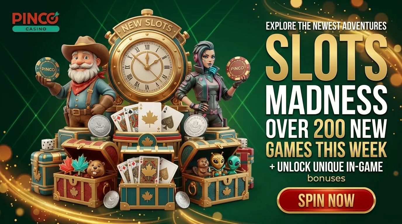 Promotional artwork for Pinco Casino slots, with a gold clock, open chests, playing cards, and a red button